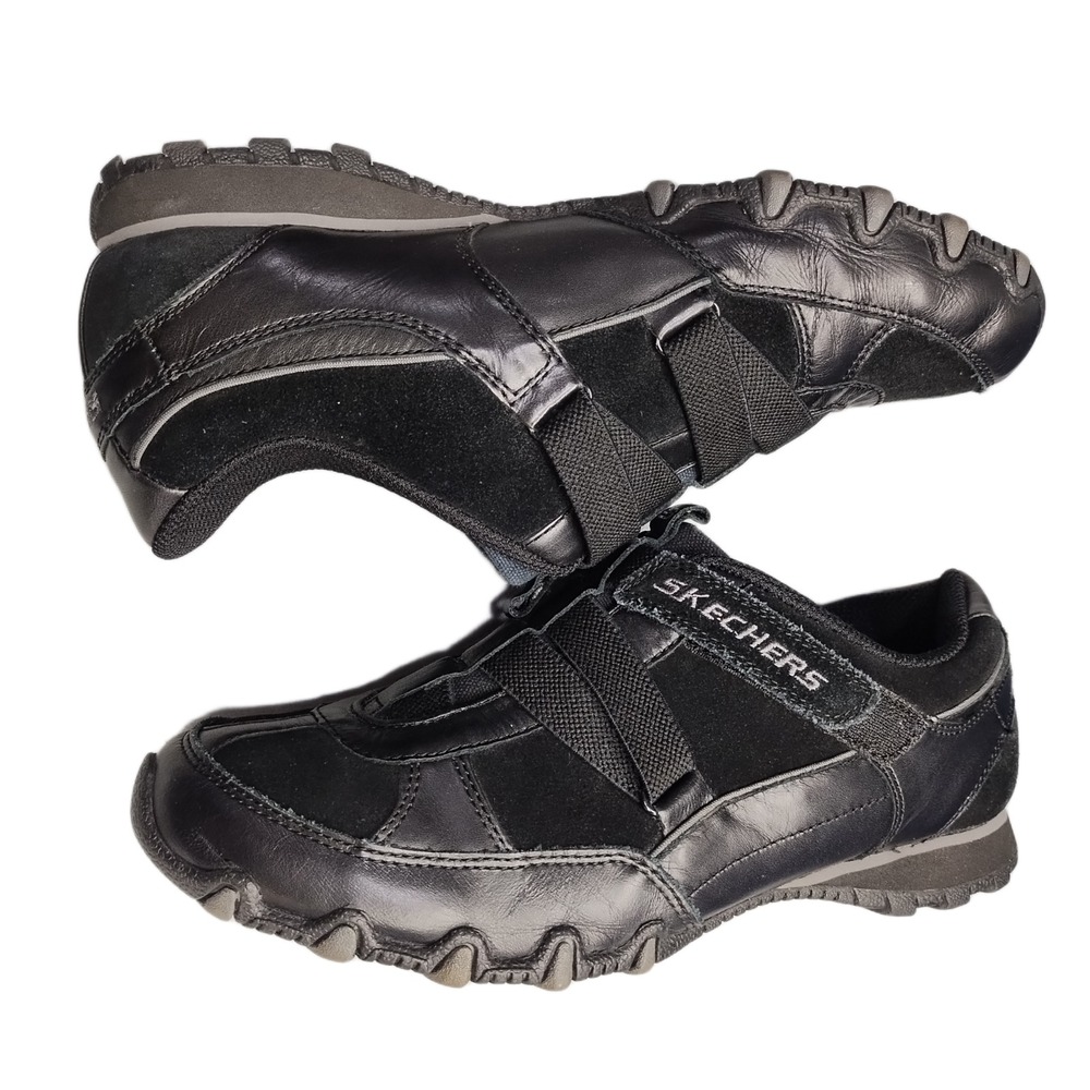 Skechers Casual Walking Sneakers Womens US 8 Black Leather Hook & Loop 46294 EUC